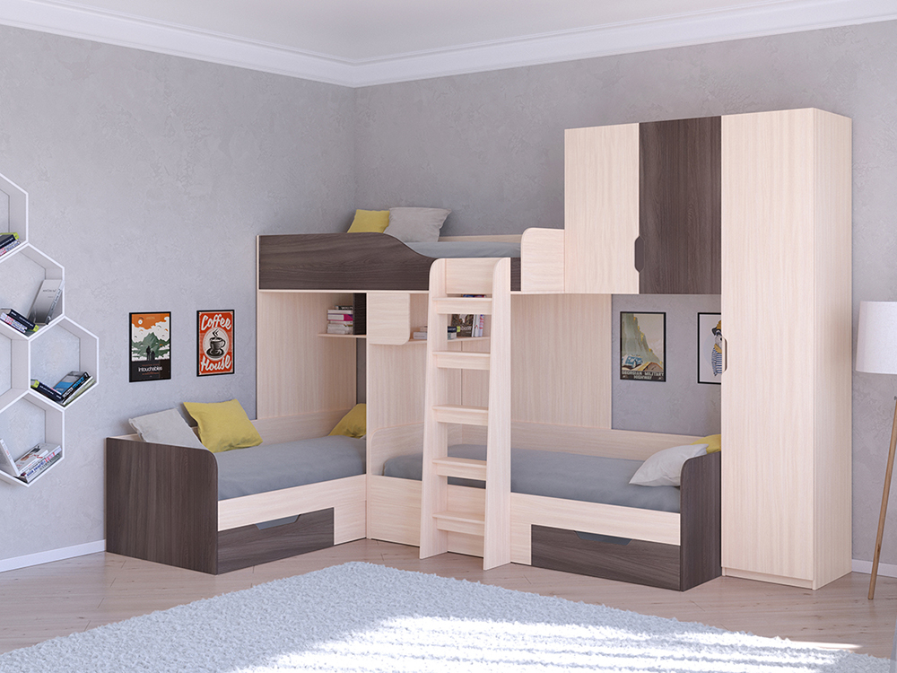 Кровать с тремя спальными местами двухъярусная трио